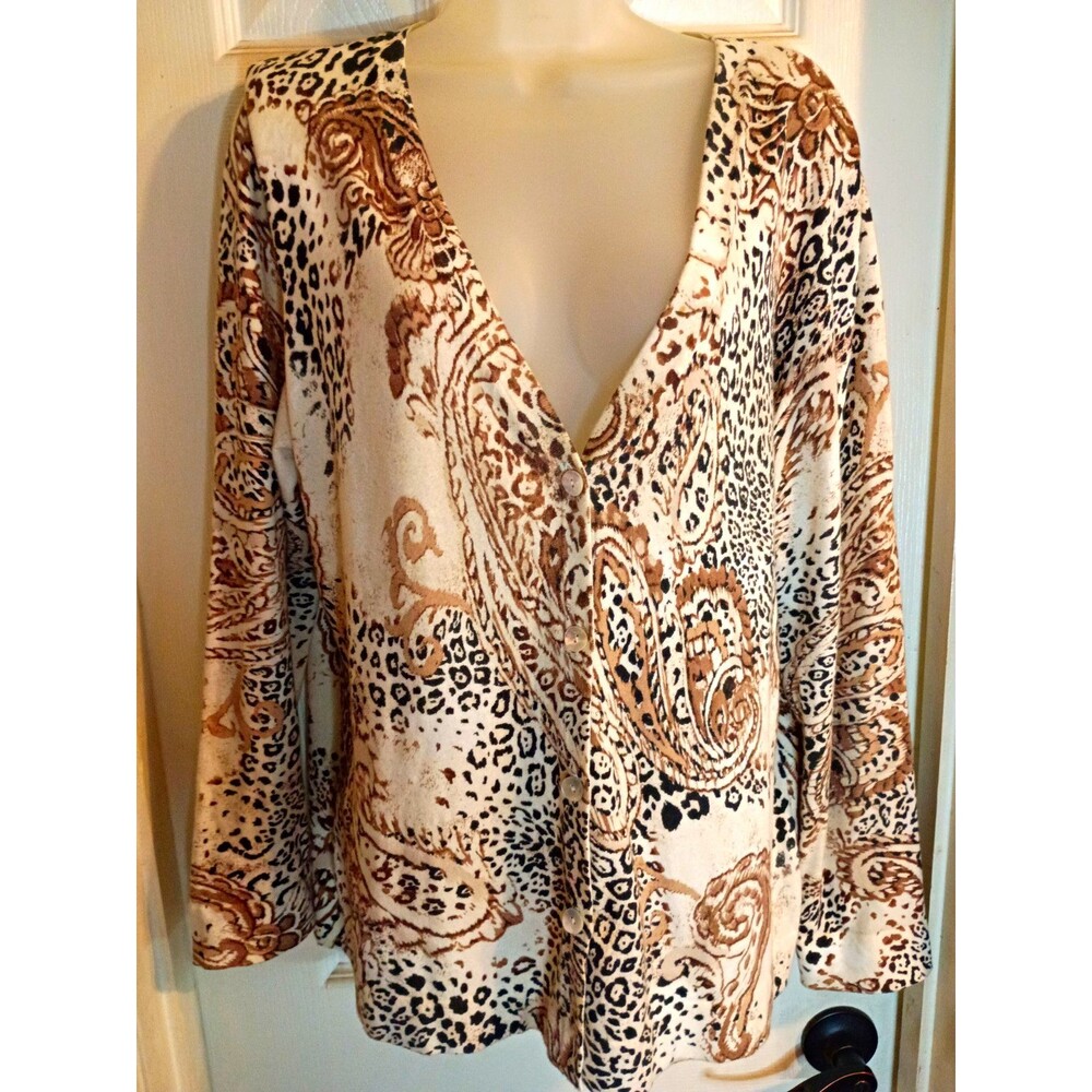 Chico's Additions Animal Print V-Neck Button Front Knit Cardigan Sz 2